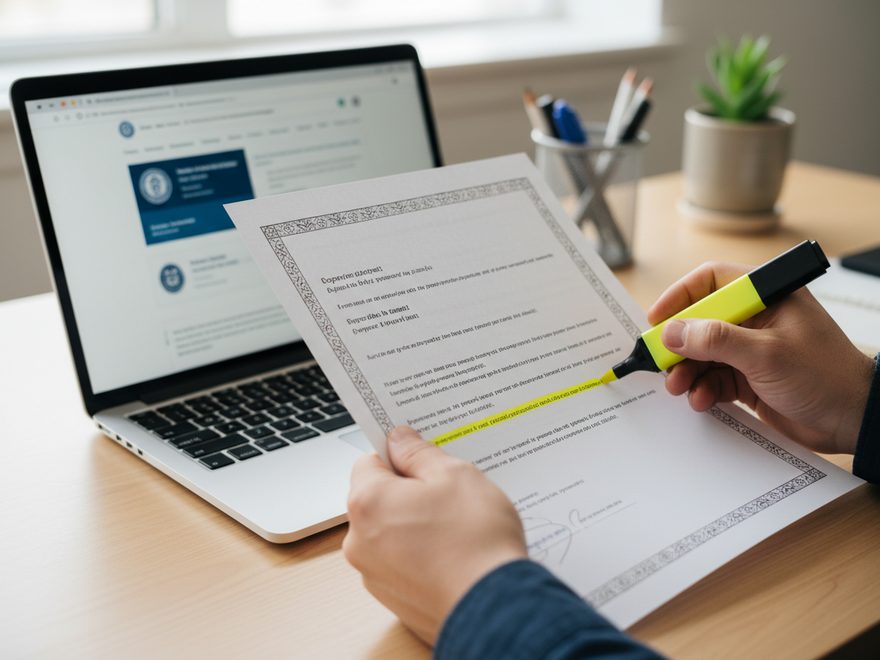 Illustration: hands checking a printed document against an official webpage on a laptop