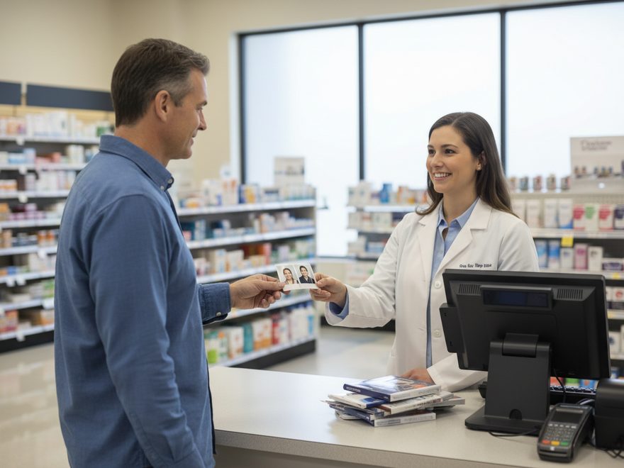 Illustration: a customer receiving two printed passport photos at a pharmacy counter