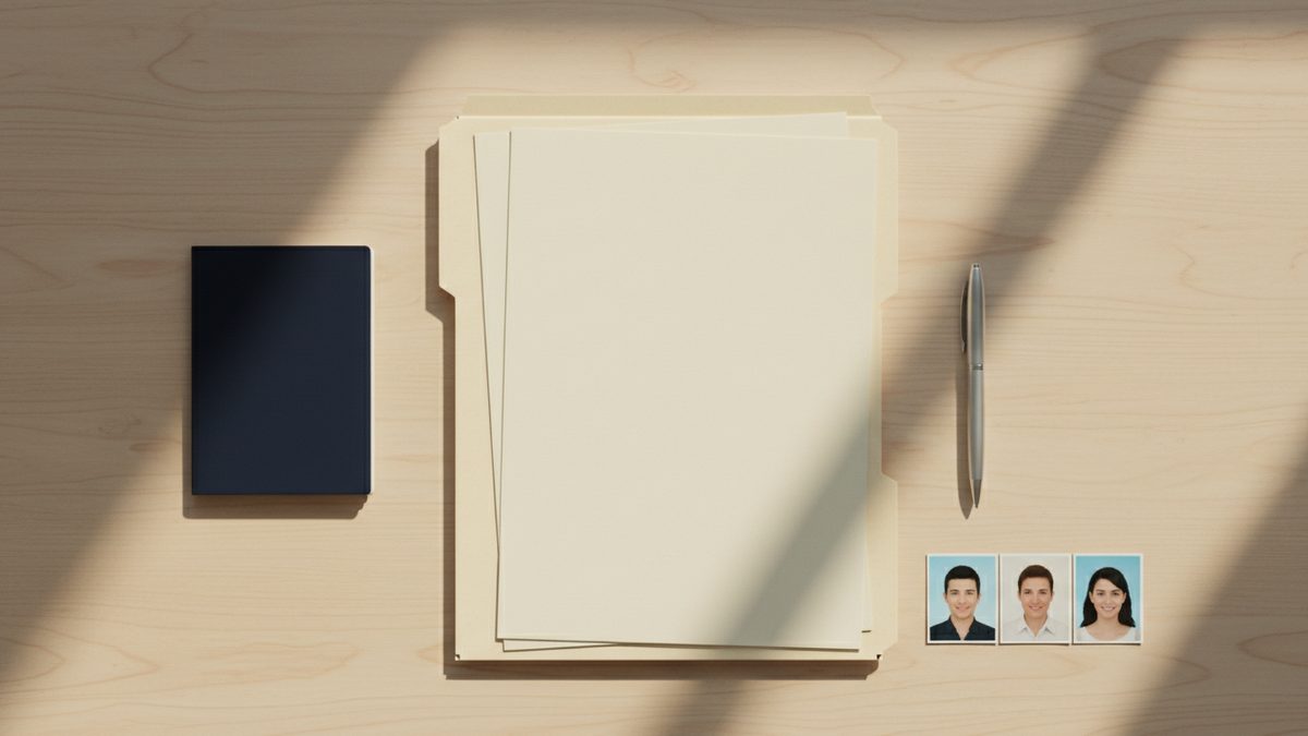Illustration: a blank application folder, a passport book, a pen and passport photos on a desk