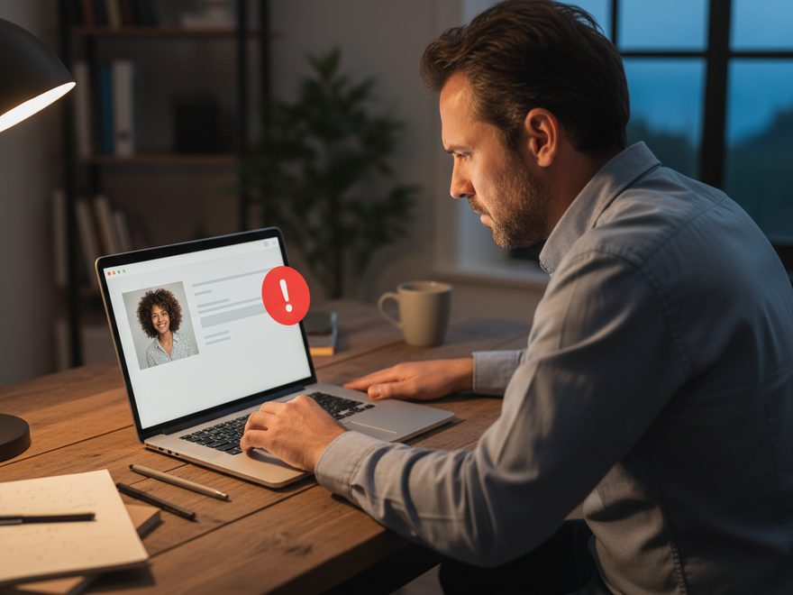 Illustration: a laptop showing a portrait photo upload with an error icon