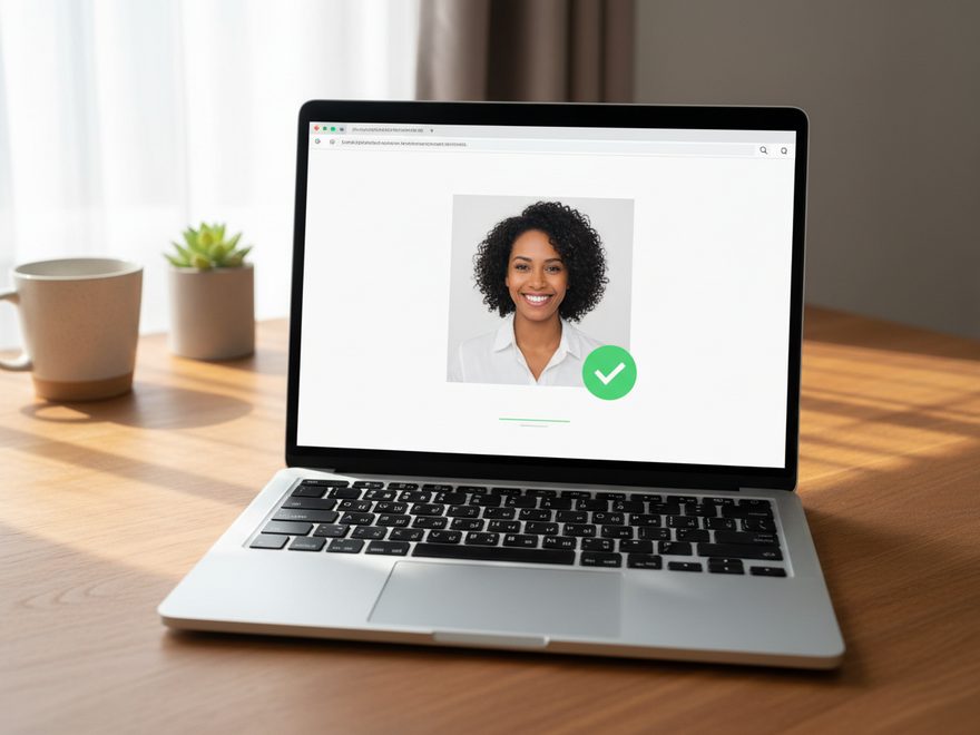 Illustration: a laptop showing a square compliant portrait with a green checkmark