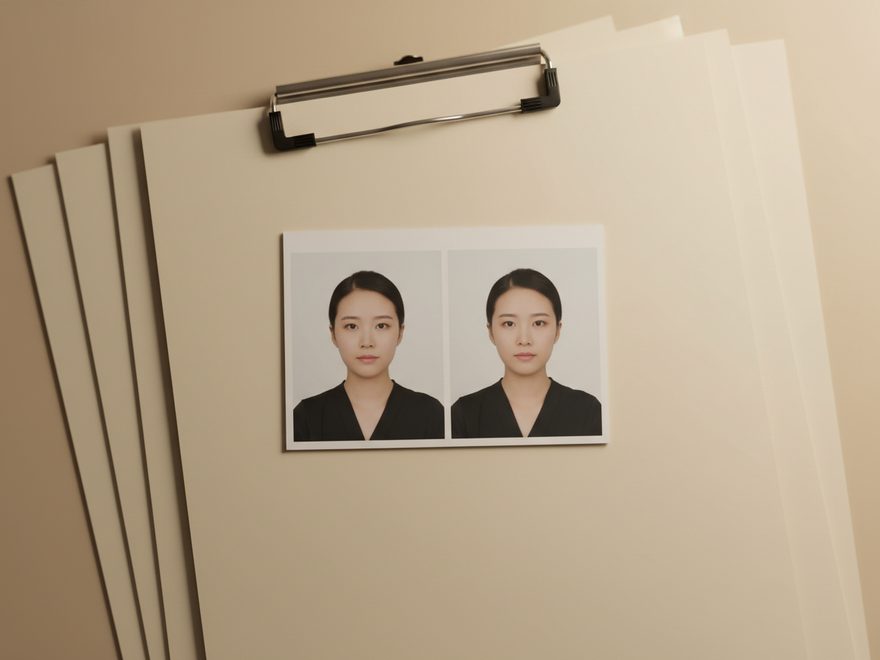 Illustration: two identical 2x2 printed photos clipped to application paperwork