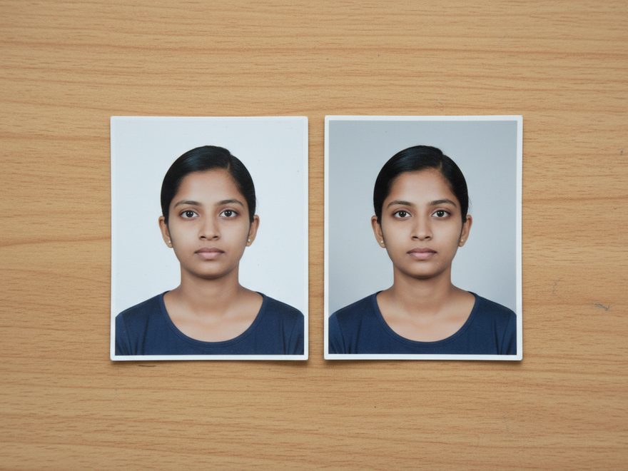 Illustration: the same woman in two 2x2 photos, one on a white background and one on a light gray background