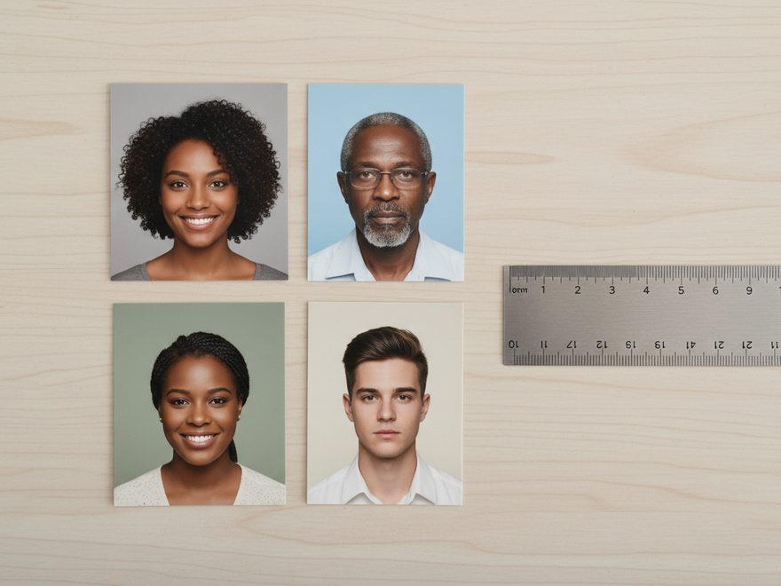 Illustration: ID photos of several different sizes laid out next to a ruler